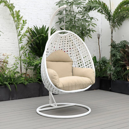 White Wicker Hanging Single Egg Swing Chair With Cushions - Elax Furniture
