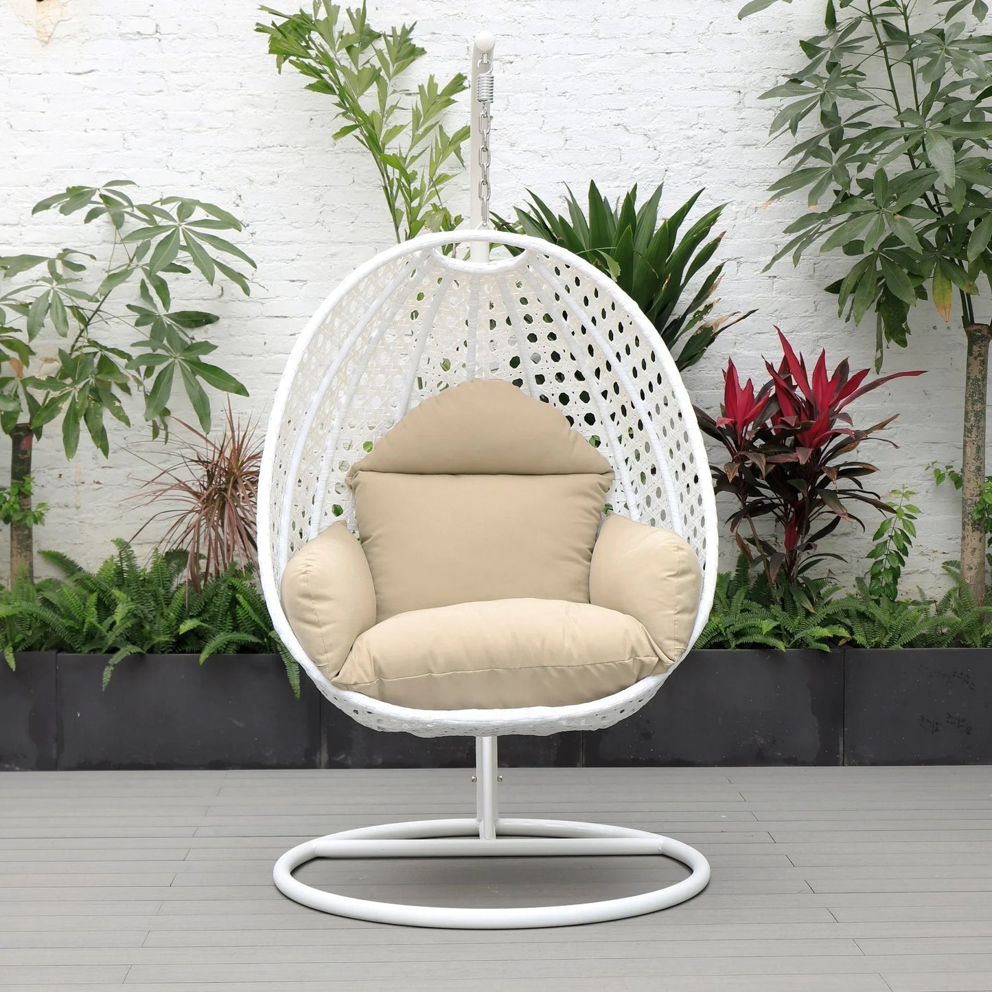 White Wicker Hanging Single Egg Swing Chair With Cushions - Elax Furniture