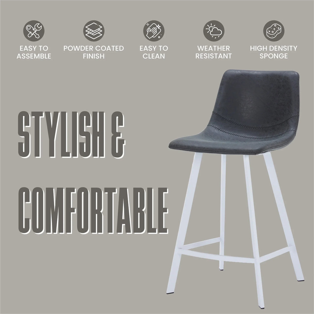 Elland 35” Counter Stool in Leather Padded Seat in White Stainless Steel - Elax Furniture