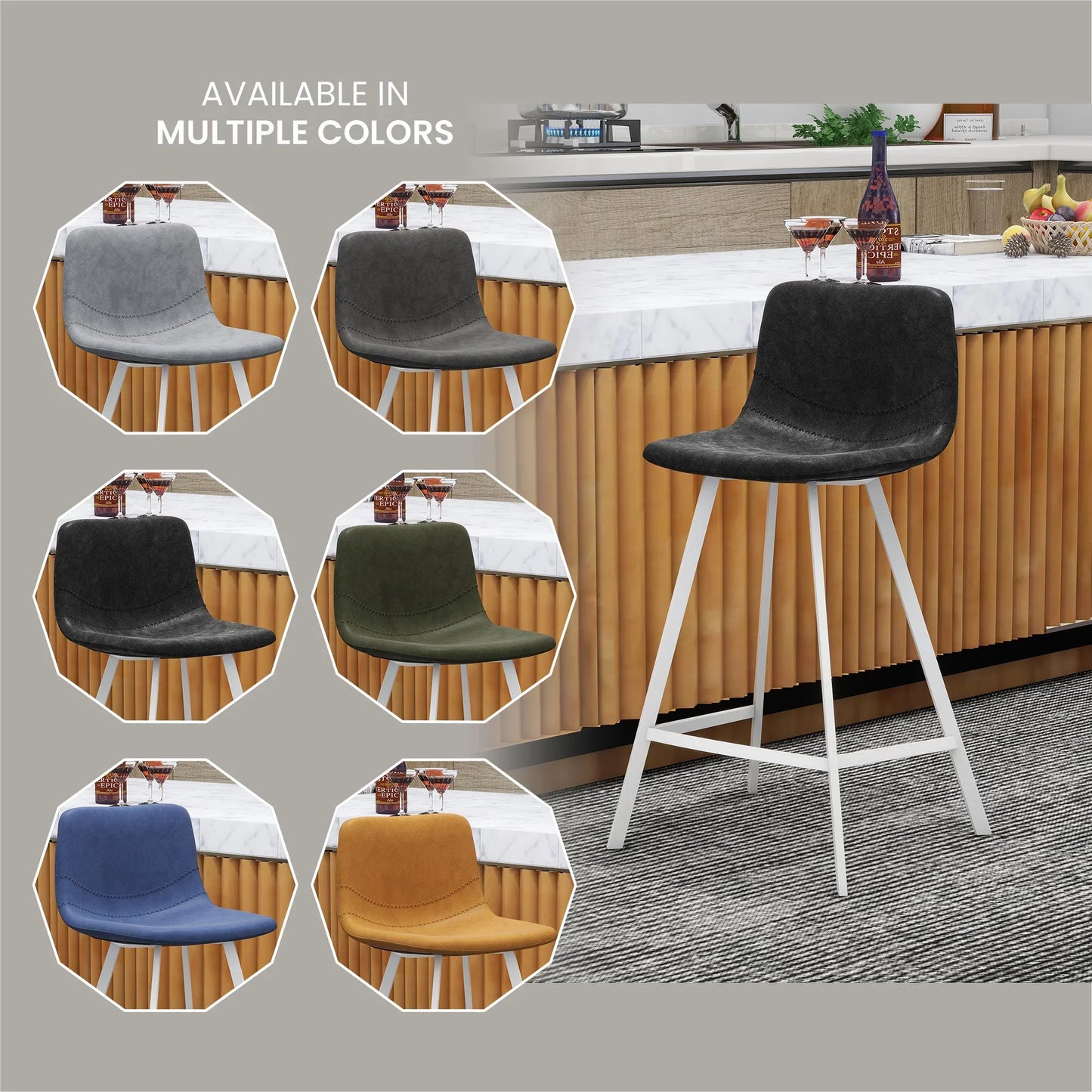 Elland 35” Counter Stool in Leather Padded Seat in White Stainless Steel - Elax Furniture