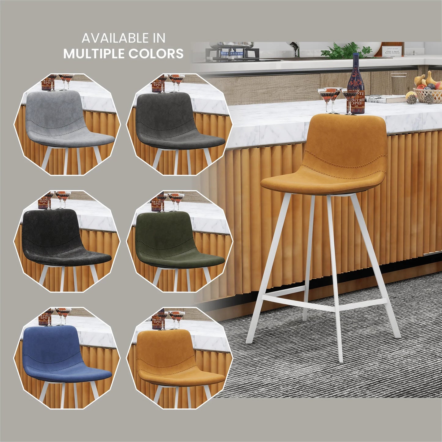 Elland 35” Counter Stool in Leather Padded Seat in White Stainless Steel - Elax Furniture