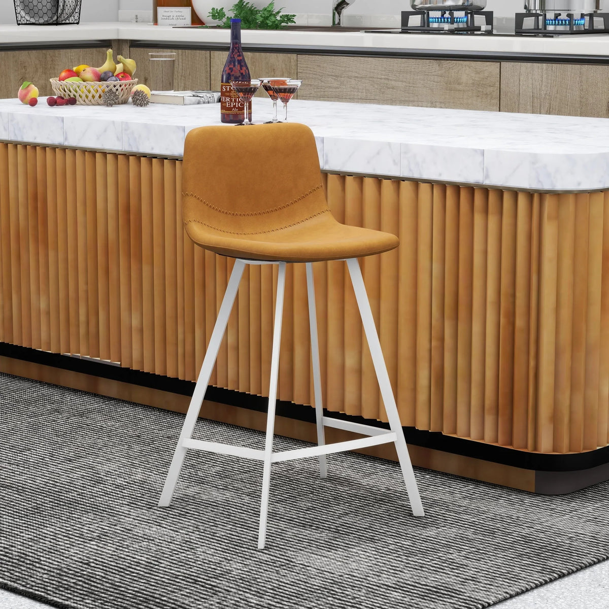Elland 35” Counter Stool in Leather Padded Seat in White Stainless Steel - Elax Furniture