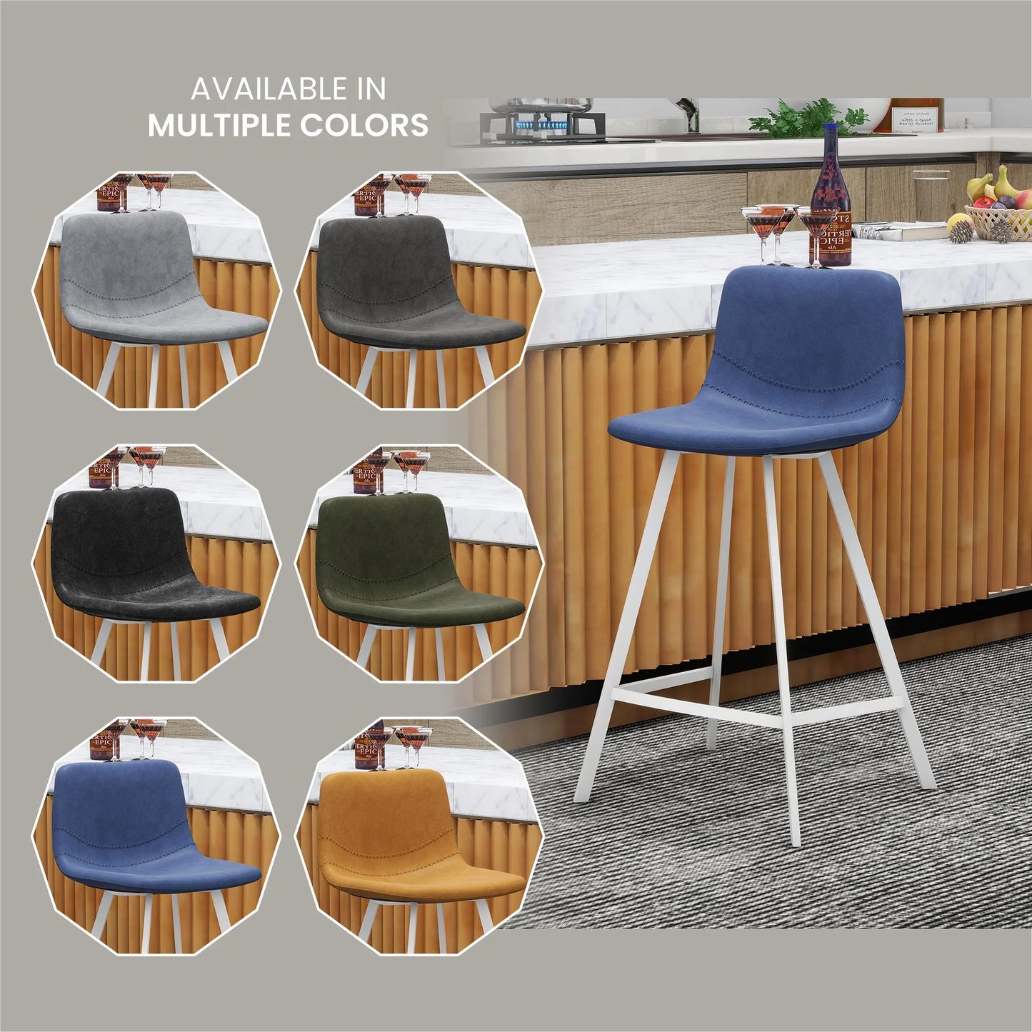 Elland 35” Counter Stool in Leather Padded Seat in White Stainless Steel - Elax Furniture