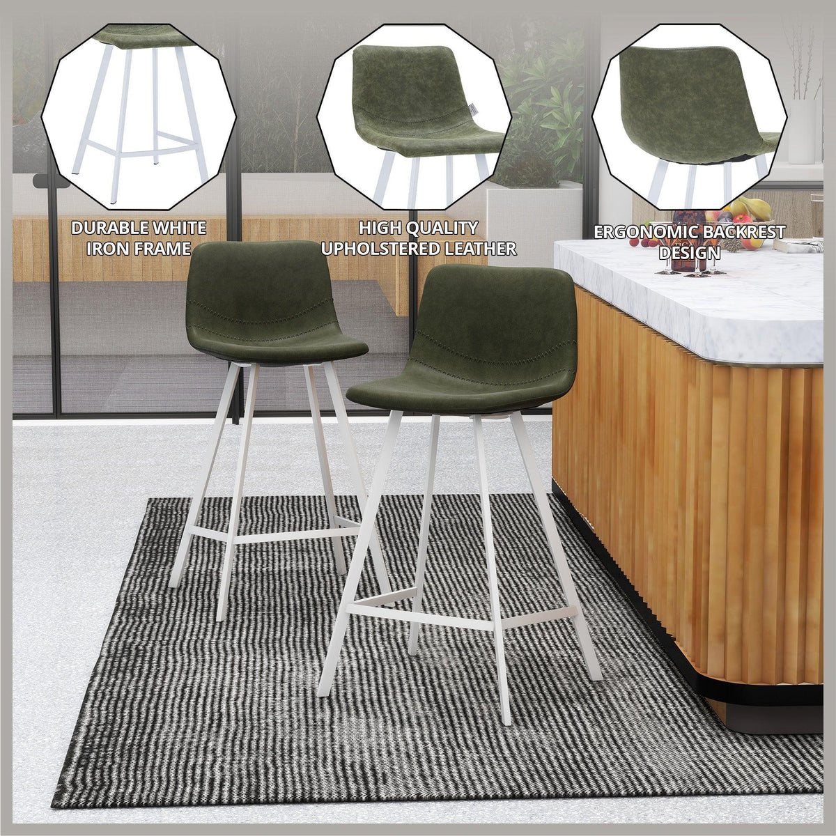 Elland 35” Counter Stool in Leather Padded Seat in White Stainless Steel - Elax Furniture