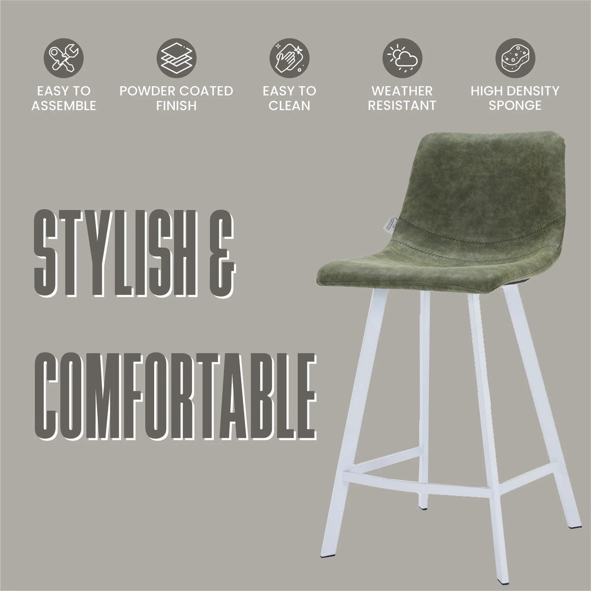 Elland 35” Counter Stool in Leather Padded Seat in White Stainless Steel - Elax Furniture
