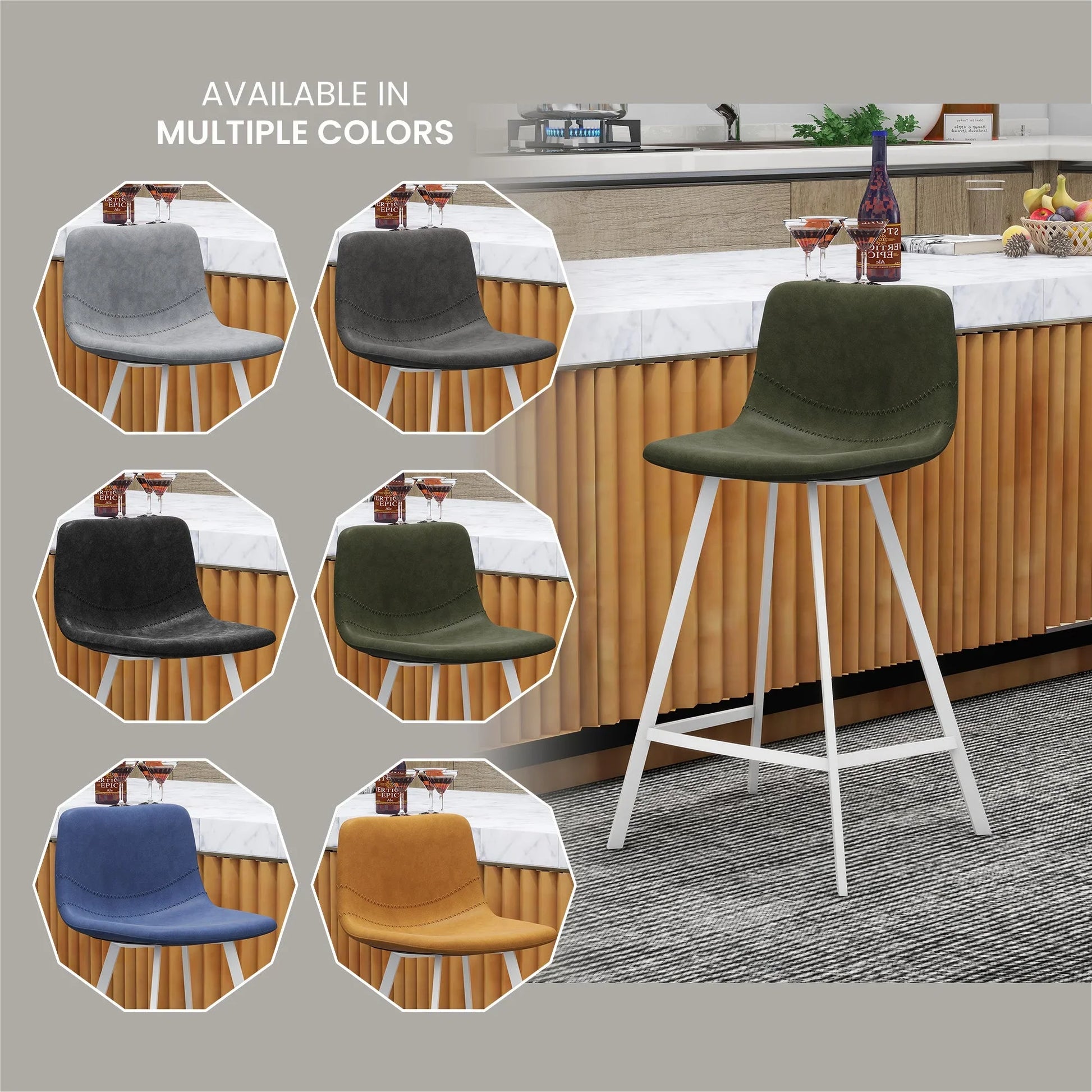 Elland 35” Counter Stool in Leather Padded Seat in White Stainless Steel - Elax Furniture