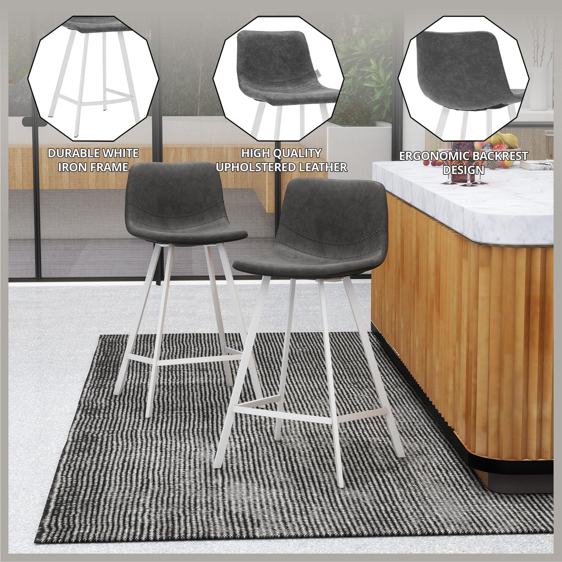 Elland 35” Counter Stool in Leather Padded Seat in White Stainless Steel - Elax Furniture