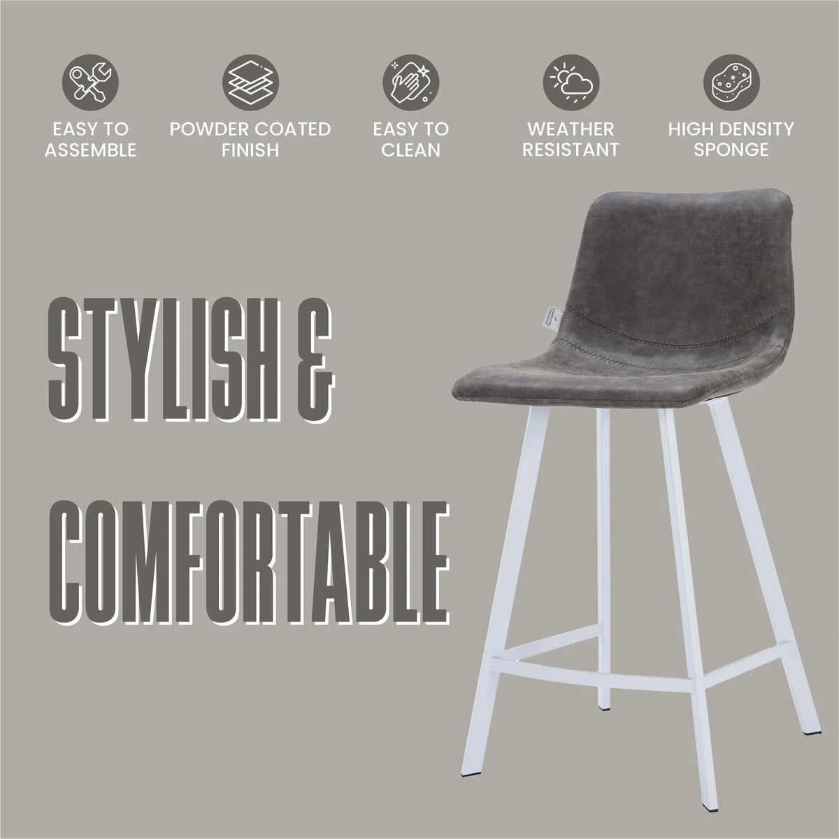 Elland 35” Counter Stool in Leather Padded Seat in White Stainless Steel - Elax Furniture