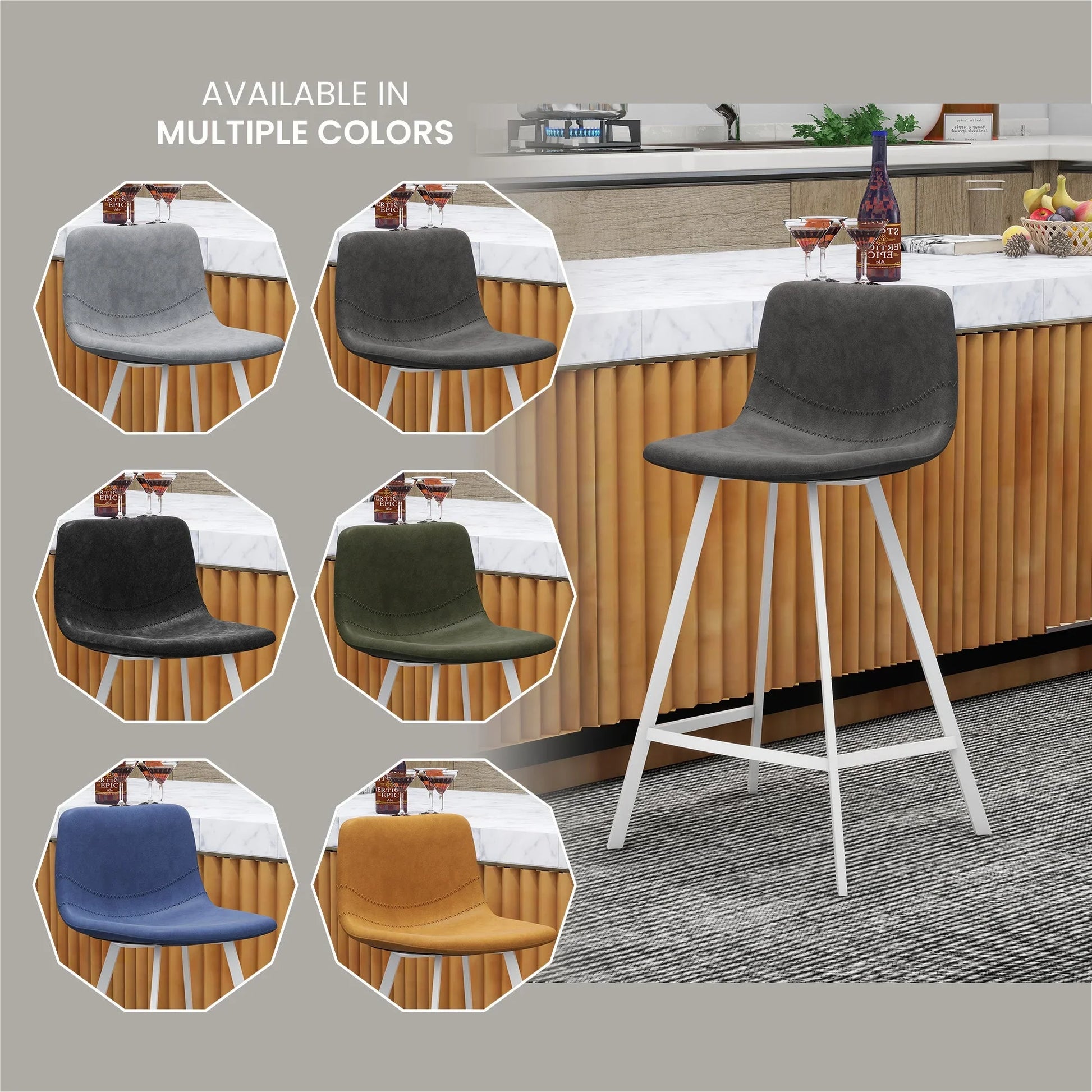 Elland 35” Counter Stool in Leather Padded Seat in White Stainless Steel - Elax Furniture