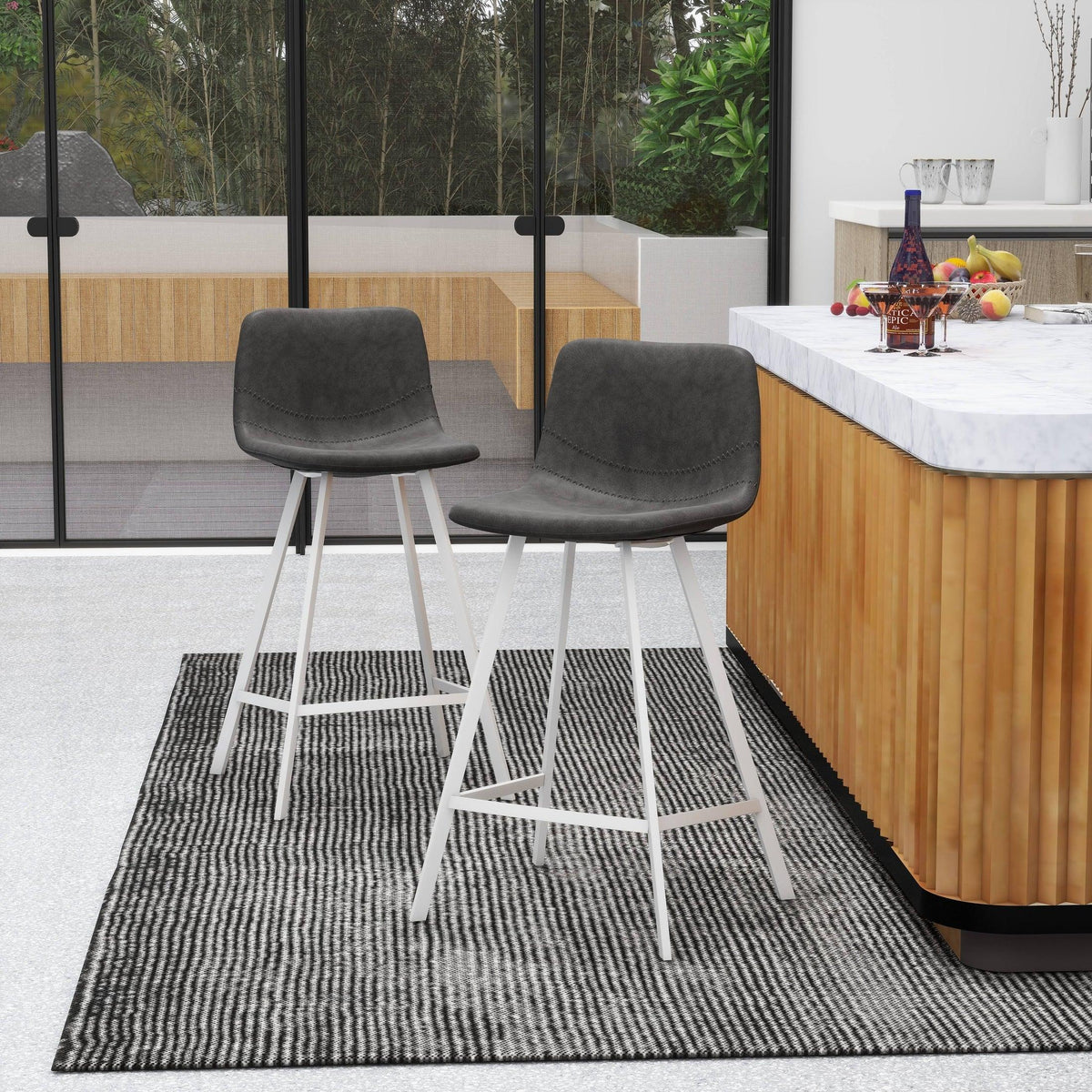 Elland 35” Counter Stool in Leather Padded Seat in White Stainless Steel - Elax Furniture