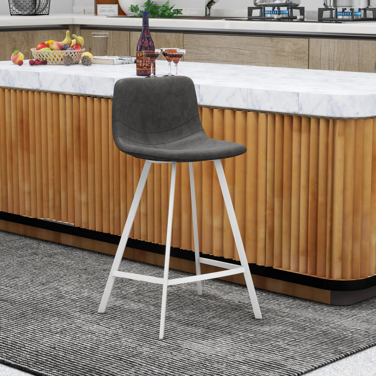 Elland 35” Counter Stool in Leather Padded Seat in White Stainless Steel - Elax Furniture