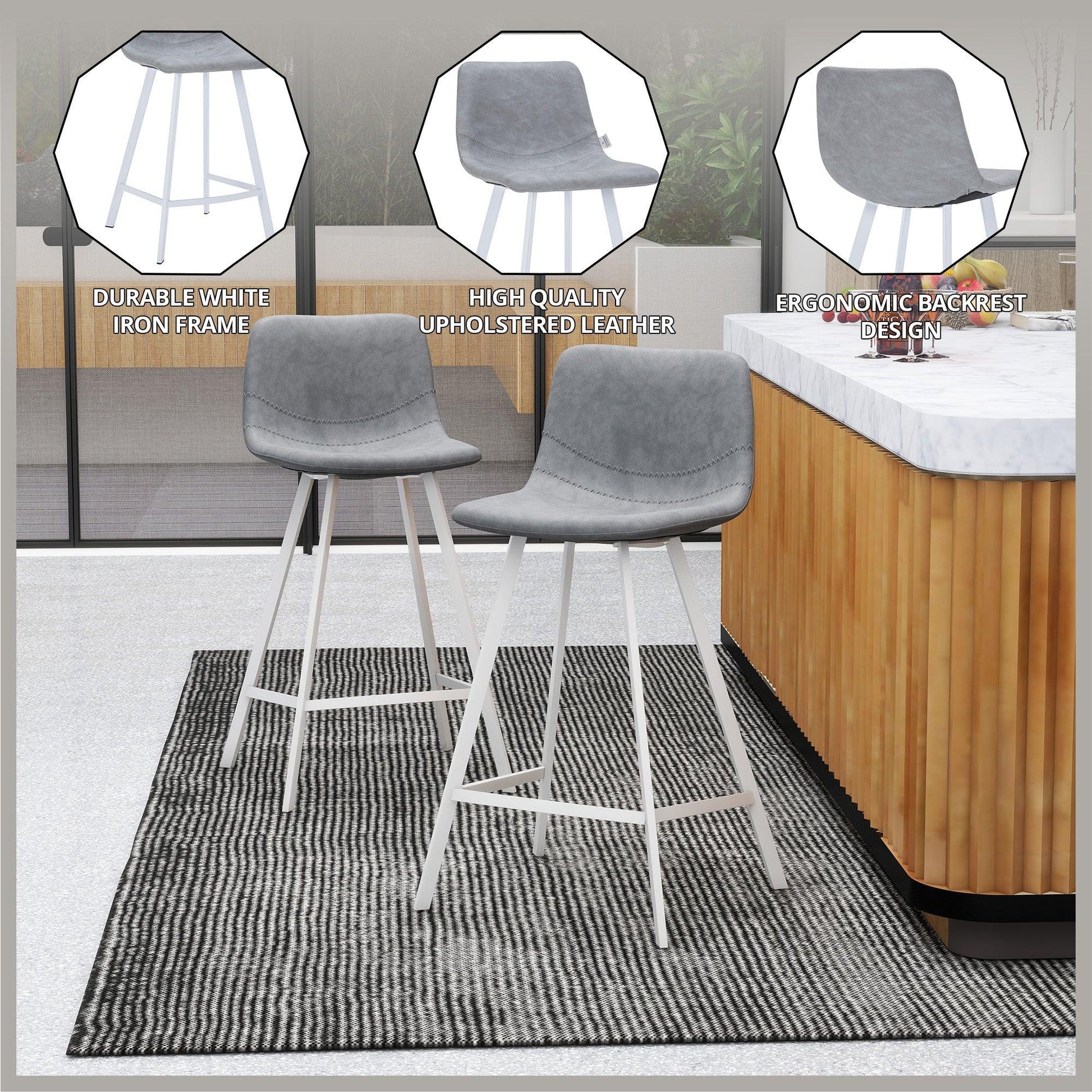 Elland 35” Counter Stool in Leather Padded Seat in White Stainless Steel - Elax Furniture