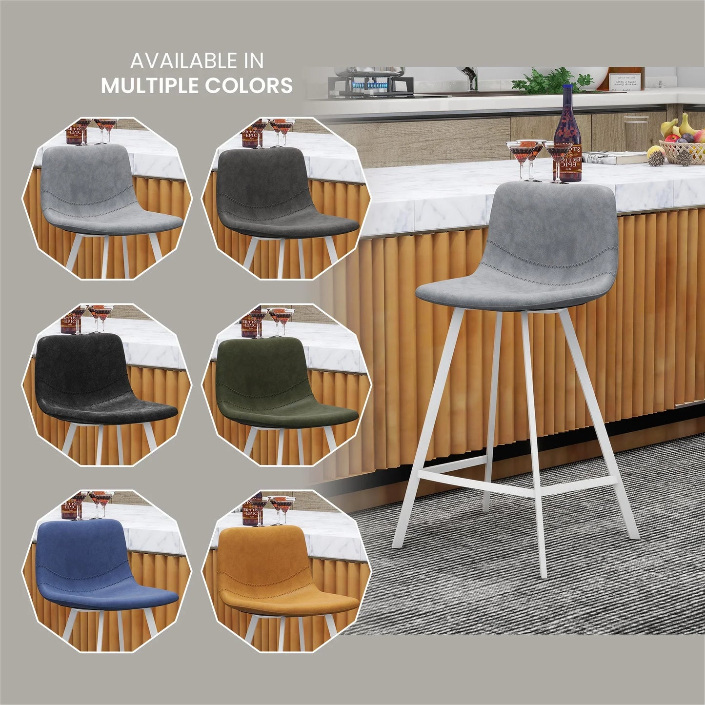 Elland 35” Counter Stool in Leather Padded Seat in White Stainless Steel - Elax Furniture