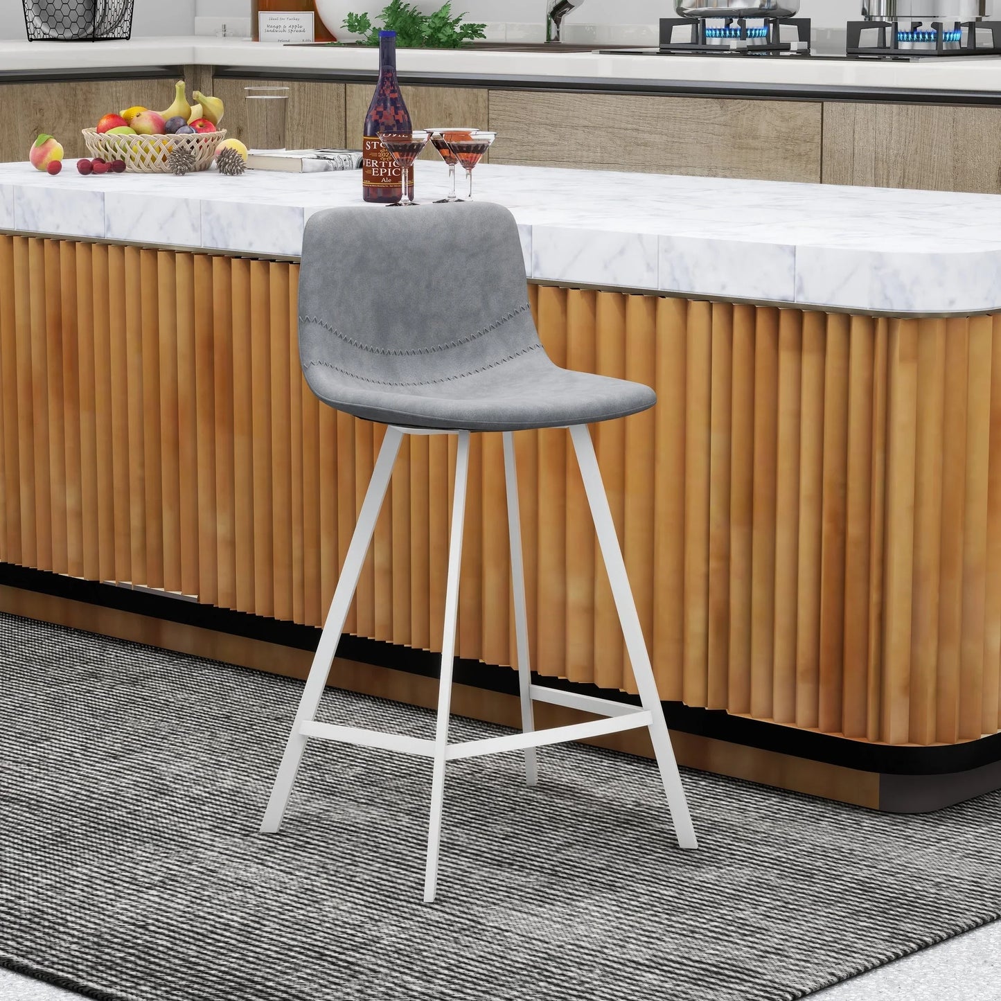 Elland 35” Counter Stool in Leather Padded Seat in White Stainless Steel - Elax Furniture