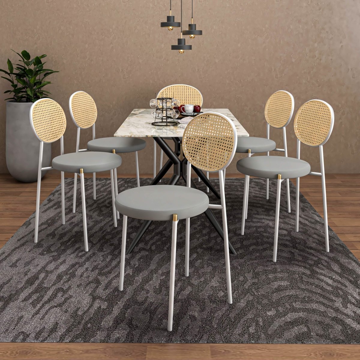 Euston Modern Upholstered Dining Chair with Round Wicker/Velvet Back Style White Wicker Grey Dining Chair Leisuremod