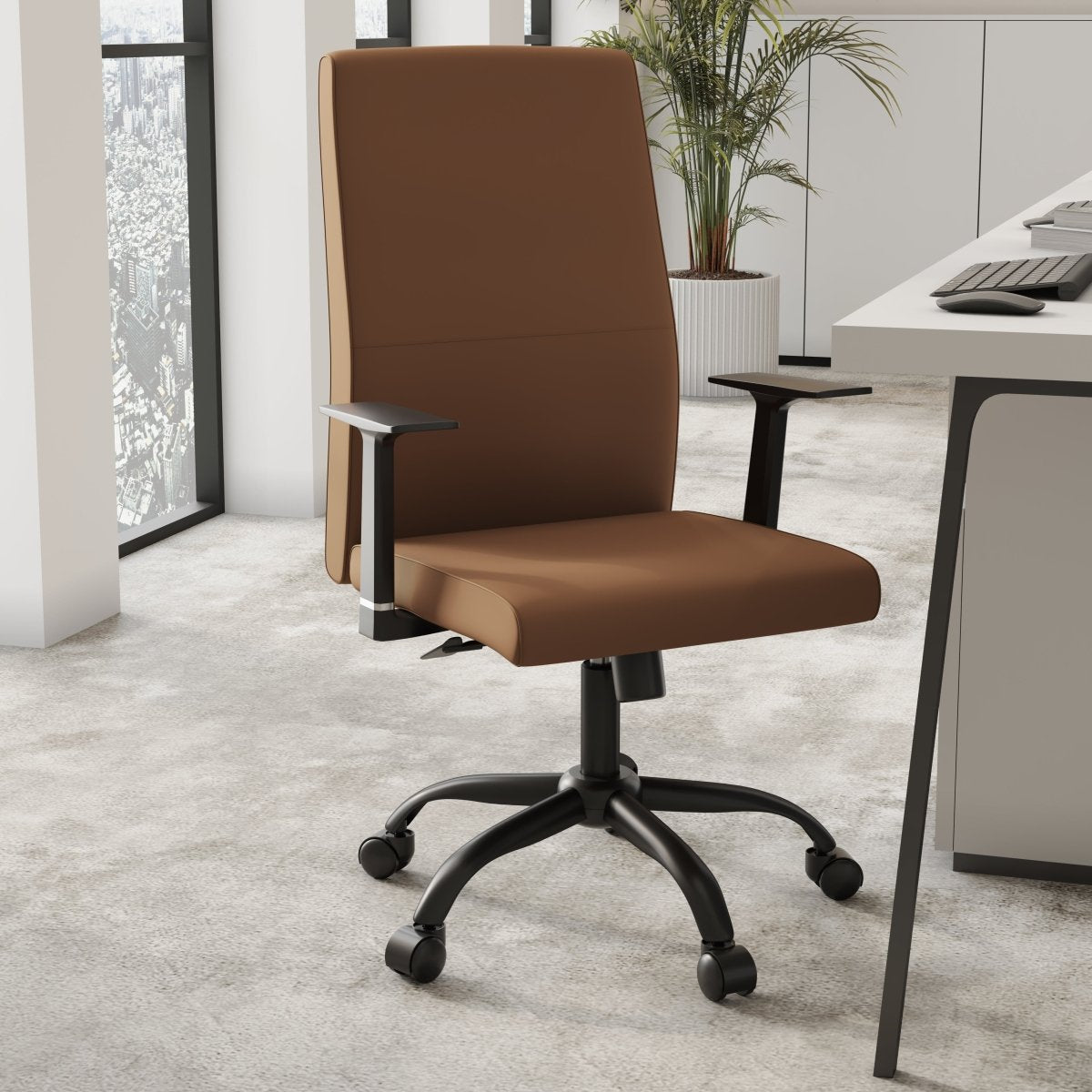 Evander Leather Office Chair in Aluminum with Adjustable Height and Swivel Dark Brown Office Chair Leisuremod