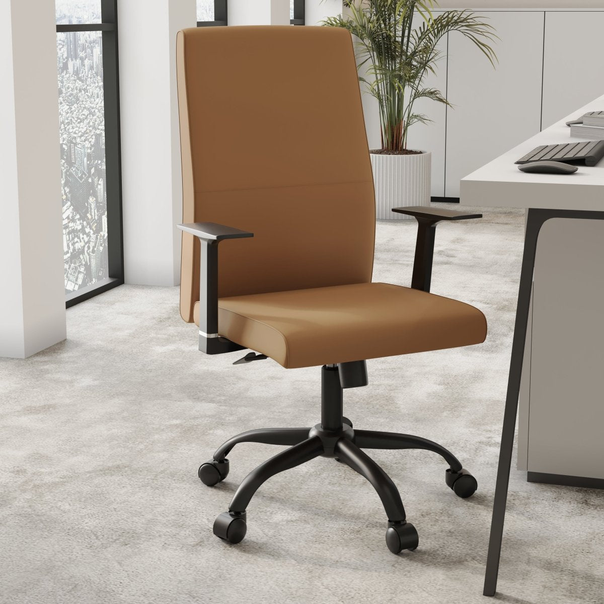 Evander Leather Office Chair in Aluminum with Adjustable Height and Swivel Acorn Brown Office Chair Leisuremod