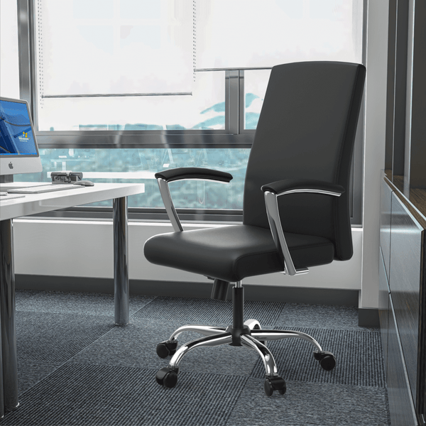 Evander Modern Swivel Office Chair in Leather with Adjustable Height and Silver Frame