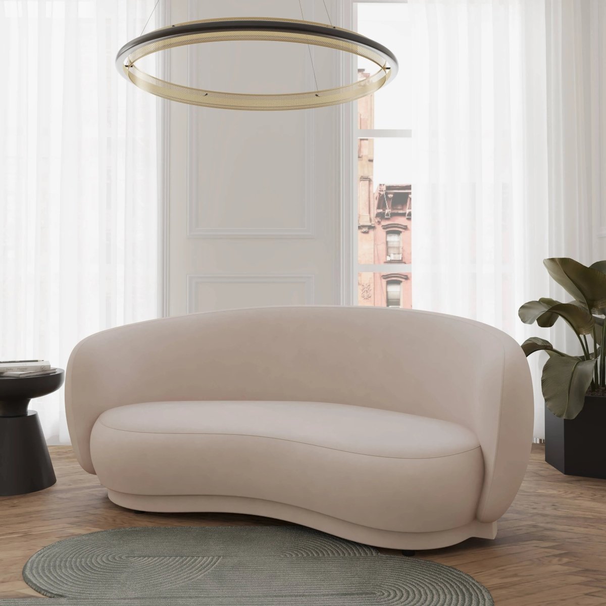 Faze 3-Seater Velvet Sofa with Curved Backrest and Pine Wood Base Beige Sofa Leisuremod