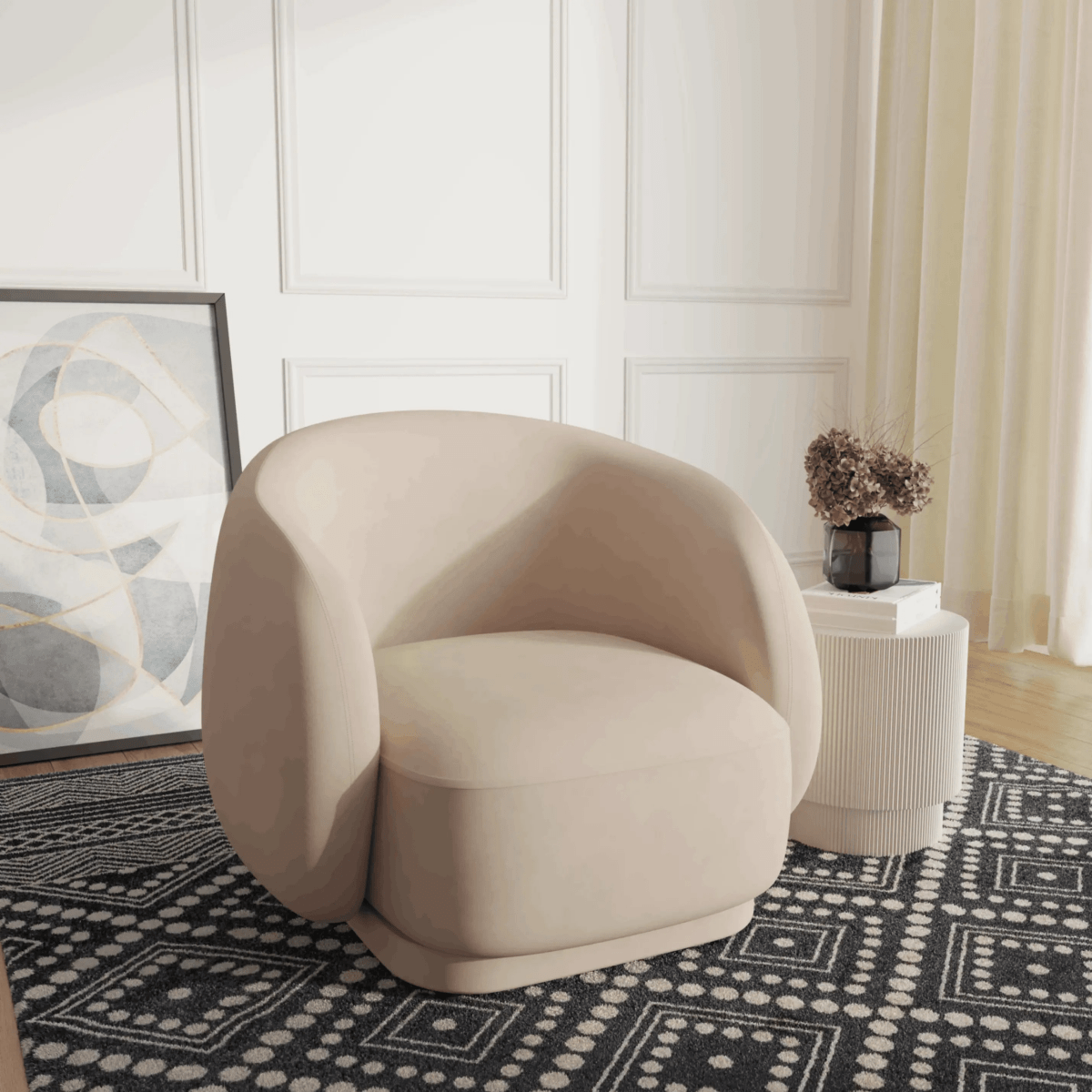 Faze Modern Barrel Accent Chair in Velvet with Wooden Base Beige CHAIR Leisuremod