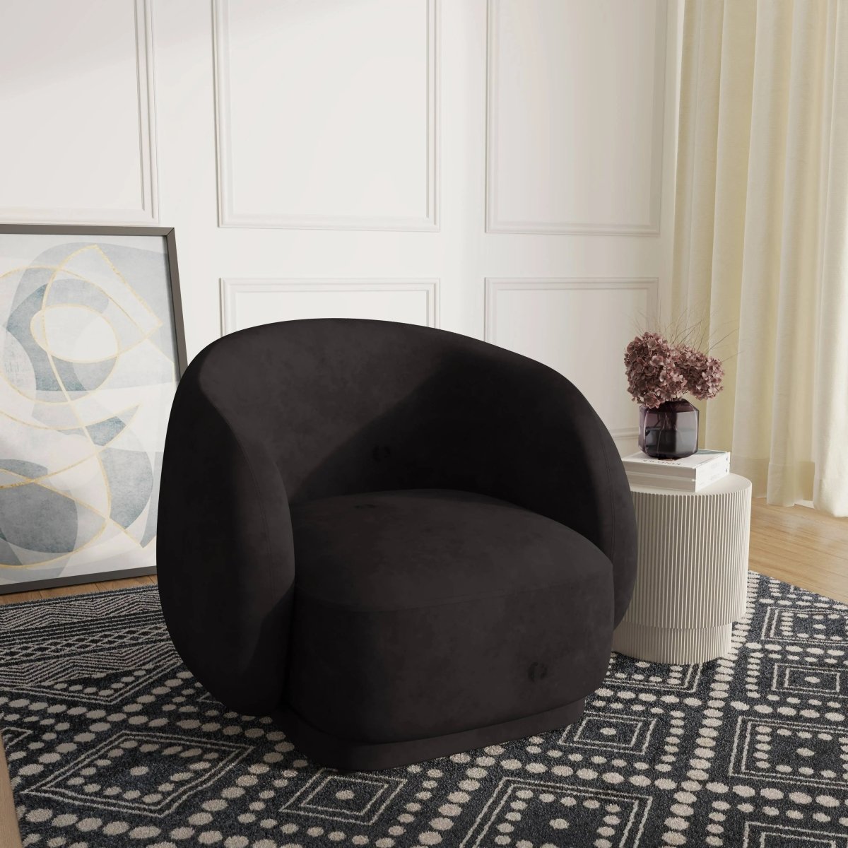 Faze Modern Barrel Accent Chair in Velvet with Wooden Base Black CHAIR Leisuremod