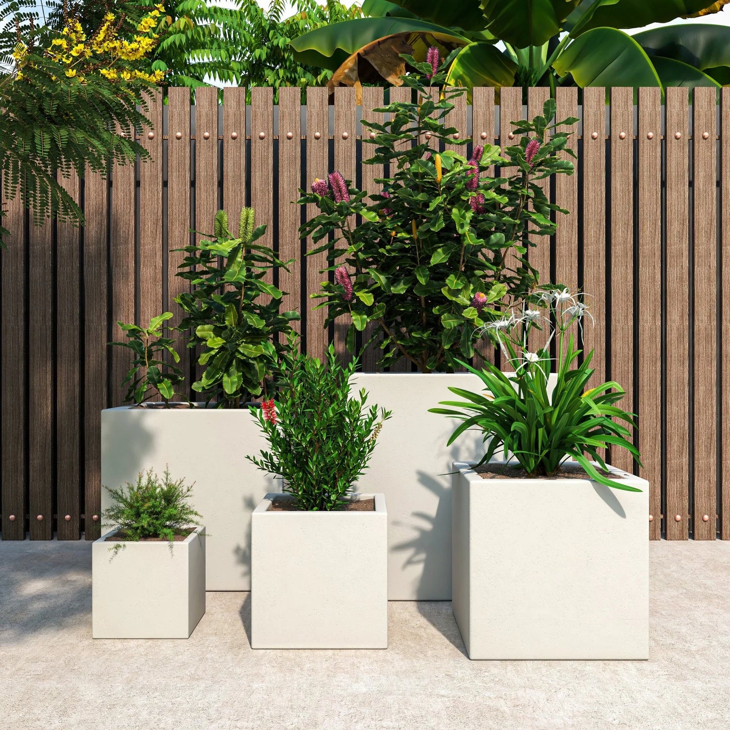 Fern 5-Piece Modern Fiberstone and MGO Clay Square Planter Set for Indoor and Outdoor - Elax Furniture