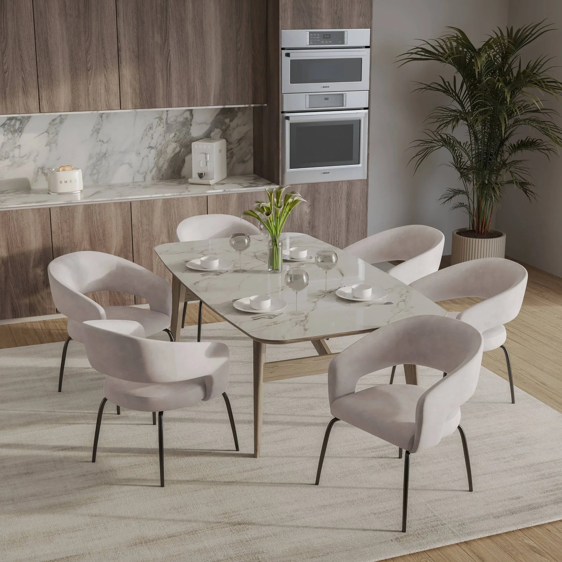 Gavin Dining Chair Upholstered in Leather/Velvet with Open Curved Backrest in Black Iron - Elax Furniture