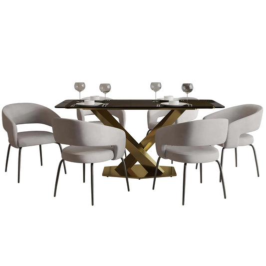 Voren 7-Piece Dining Set with Rectangular Glass Dining Table Gold Base and 6 Velvet/Leather Dining Chairs with Iron Base - Elax Furniture