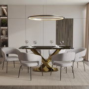 Voren 7-Piece Dining Set with Rectangular Glass Dining Table Gold Base and 6 Velvet/Leather Dining Chairs with Iron Base - Elax Furniture