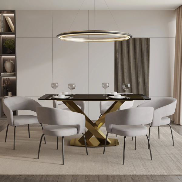 Voren 7-Piece Dining Set with Rectangular Glass Dining Table Gold Base and 6 Velvet/Leather Dining Chairs with Iron Base