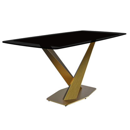 Voren 7-Piece Dining Set with Rectangular Glass Dining Table Gold Base and 6 Velvet/Leather Dining Chairs with Iron Base - Elax Furniture