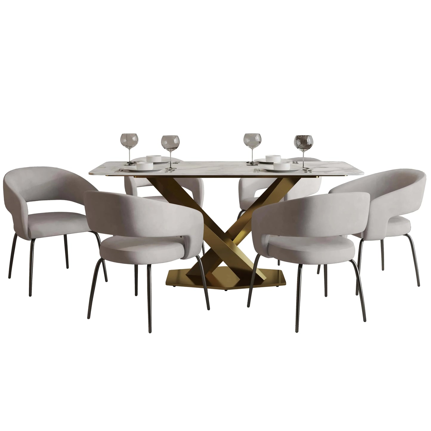 Voren 7-Piece Dining Set with Rectangular Sintered Stone Dining Table Gold Base and 6 Velvet Dining Chairs with Iron Base - Elax Furniture