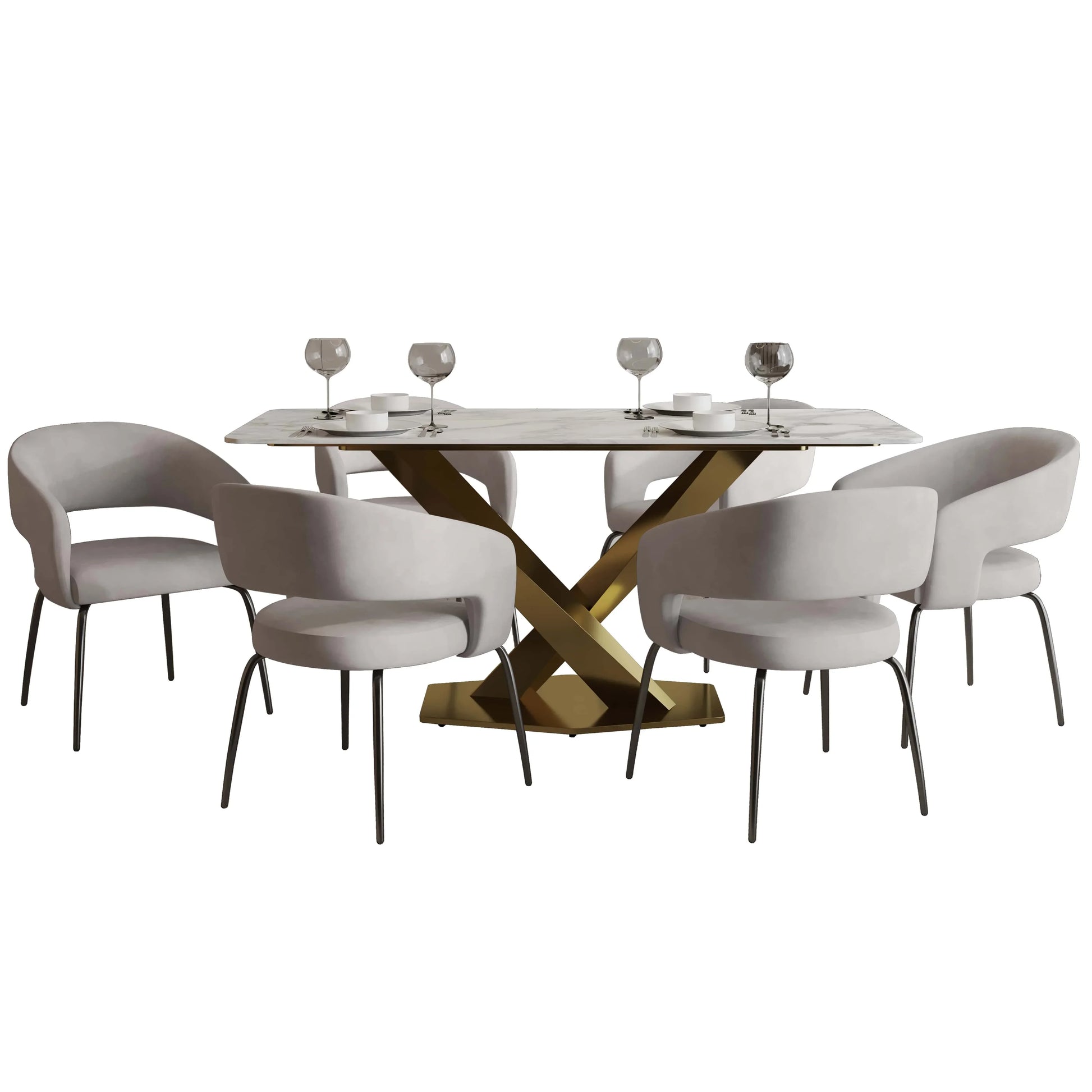 Voren 7-Piece Dining Set with Rectangular Sintered Stone Dining Table Gold Base and 6 Velvet Dining Chairs with Iron Base - Elax Furniture