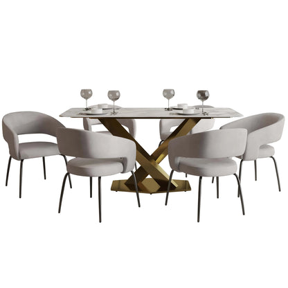 Voren 7-Piece Dining Set with Rectangular Sintered Stone Dining Table Gold Base and 6 Velvet Dining Chairs with Iron Base - Elax Furniture