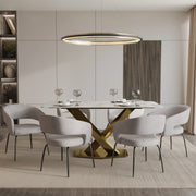 Voren 7-Piece Dining Set with Rectangular Sintered Stone Dining Table Gold Base and 6 Velvet Dining Chairs with Iron Base - Elax Furniture