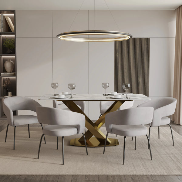 Voren 7-Piece Dining Set with Rectangular Sintered Stone Dining Table Gold Base and 6 Velvet Dining Chairs with Iron Base