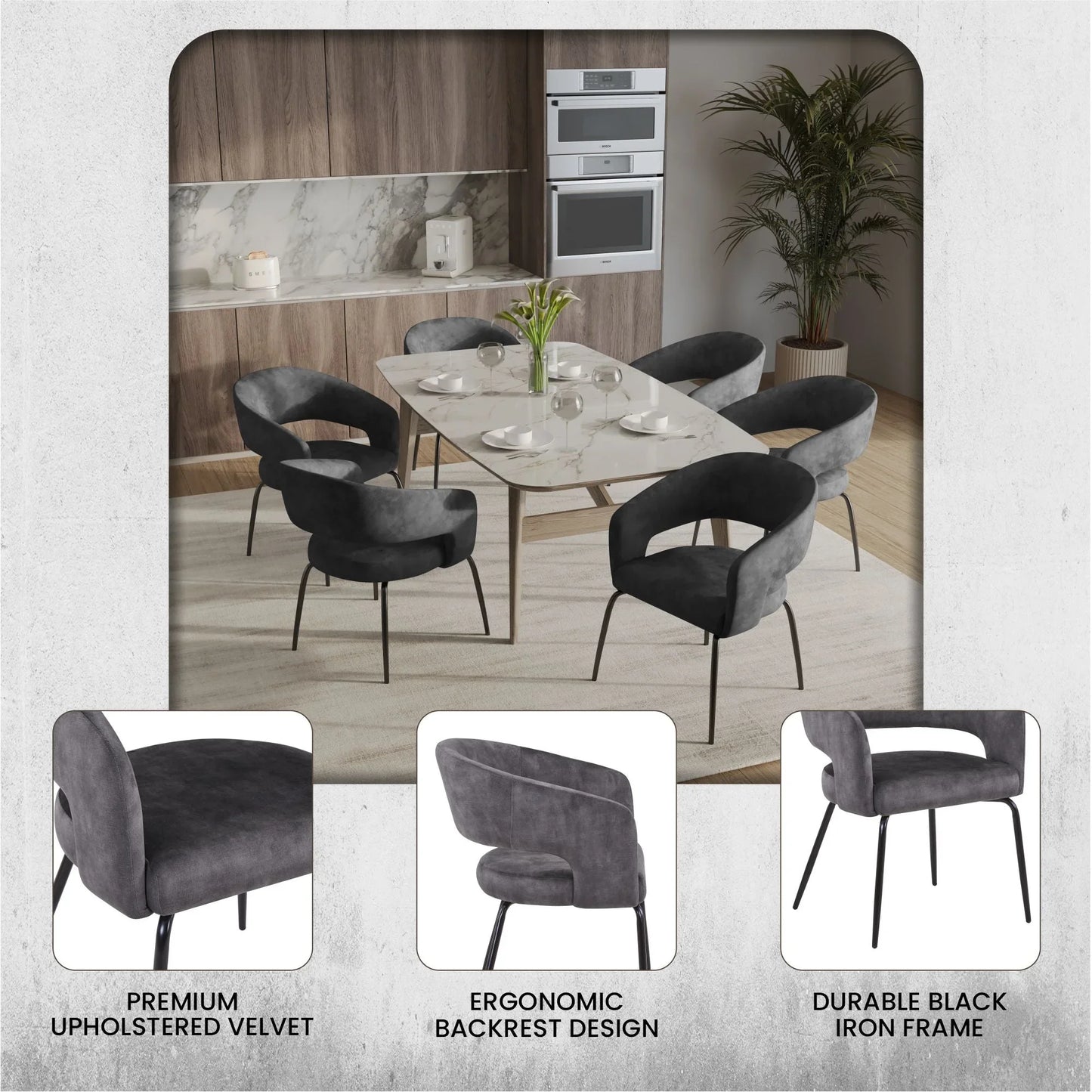 Gavin Dining Chair Upholstered in Leather/Velvet with Open Curved Backrest in Black Iron Set of 2 - Elax Furniture