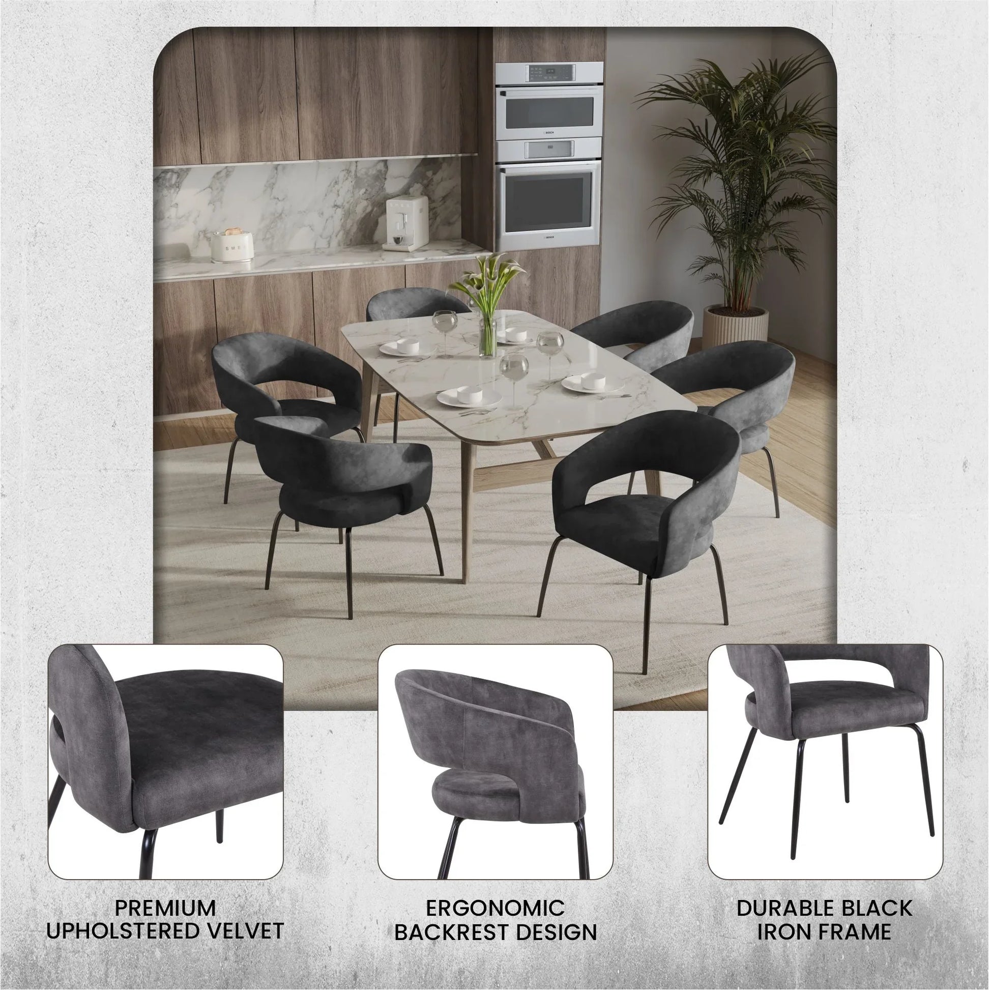 Gavin Dining Chair Upholstered in Leather/Velvet with Open Curved Backrest in Black Iron Set of 2 - Elax Furniture