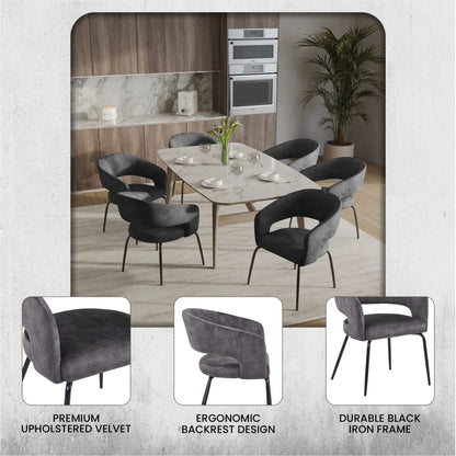 Gavin Dining Chair Upholstered in Leather/Velvet with Open Curved Backrest in Black Iron Set of 2 - Elax Furniture