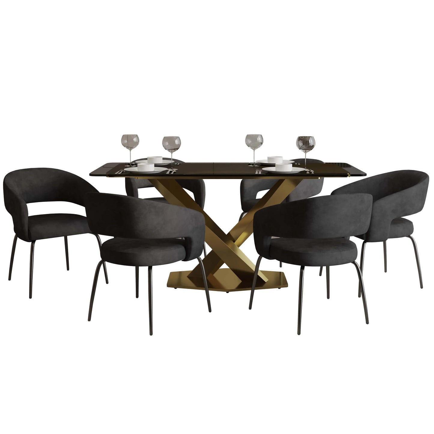 Voren 7-Piece Dining Set with Rectangular Glass Dining Table Gold Base and 6 Velvet/Leather Dining Chairs with Iron Base - Elax Furniture