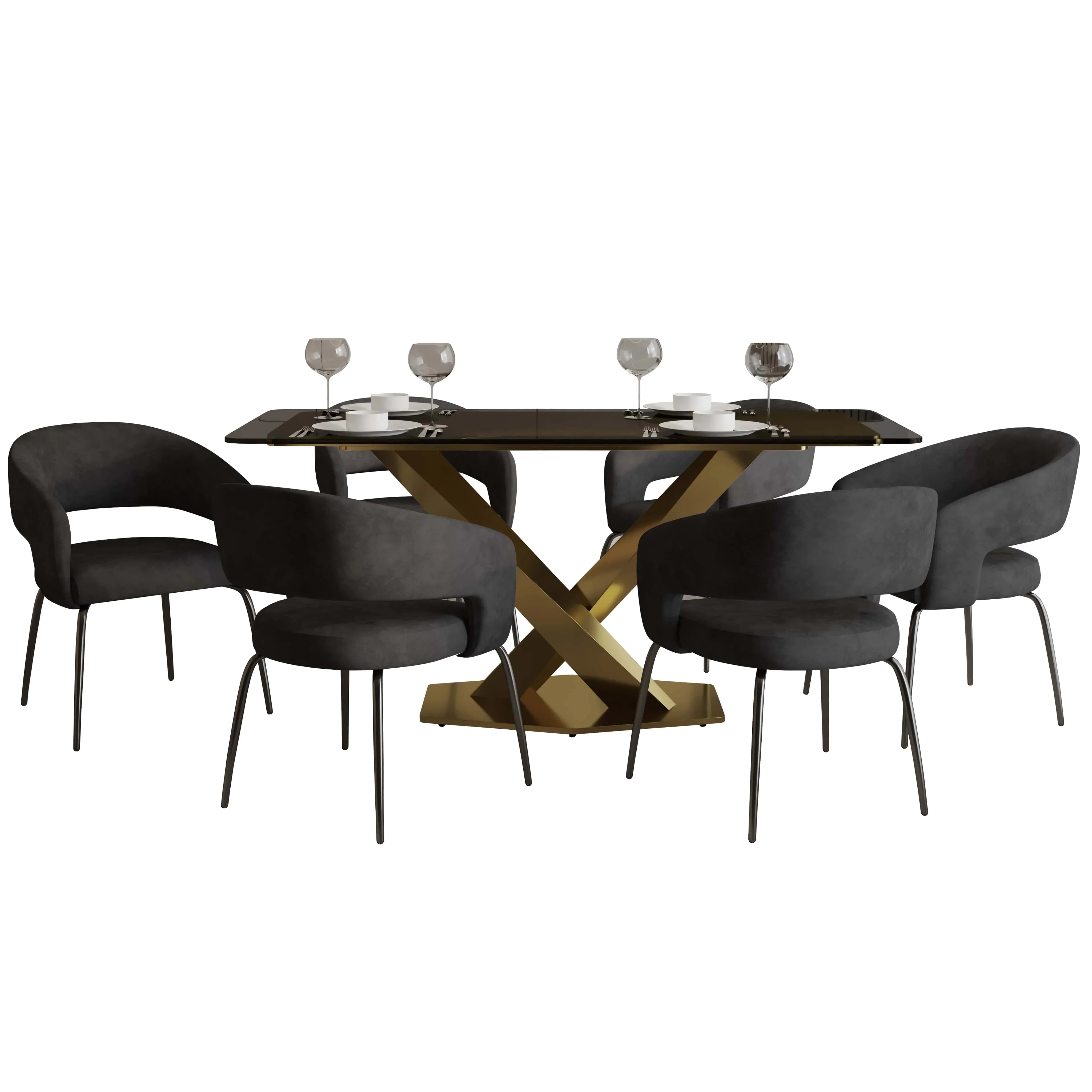 Voren 7-Piece Dining Set with Rectangular Glass Dining Table Gold Base and 6 Velvet/Leather Dining Chairs with Iron Base - Elax Furniture