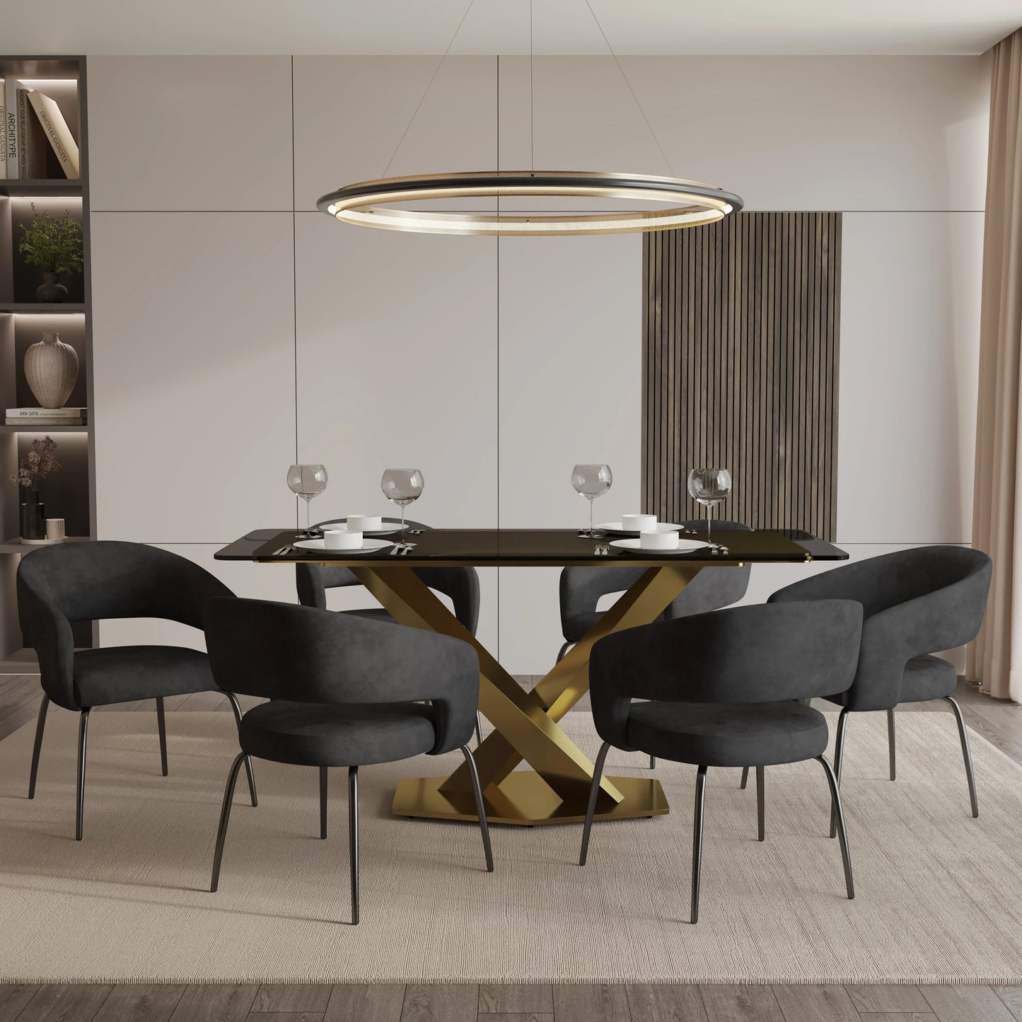 Voren 7-Piece Dining Set with Rectangular Glass Dining Table Gold Base and 6 Velvet/Leather Dining Chairs with Iron Base - Elax Furniture