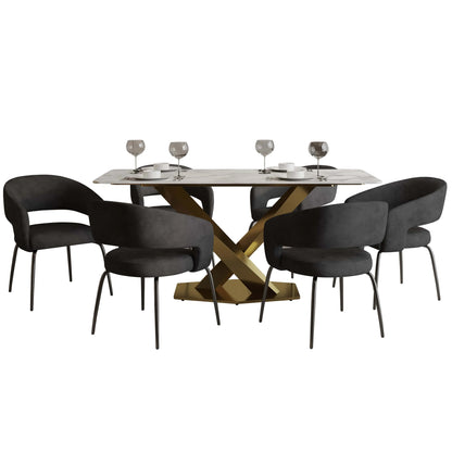 Voren 7-Piece Dining Set with Rectangular Sintered Stone Dining Table Gold Base and 6 Velvet Dining Chairs with Iron Base - Elax Furniture