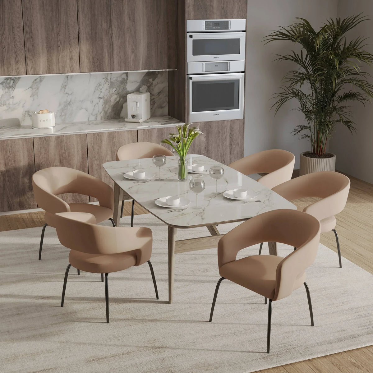 Gavin Dining Chair Upholstered in Leather/Velvet with Open Curved Backrest in Black Iron - Elax Furniture