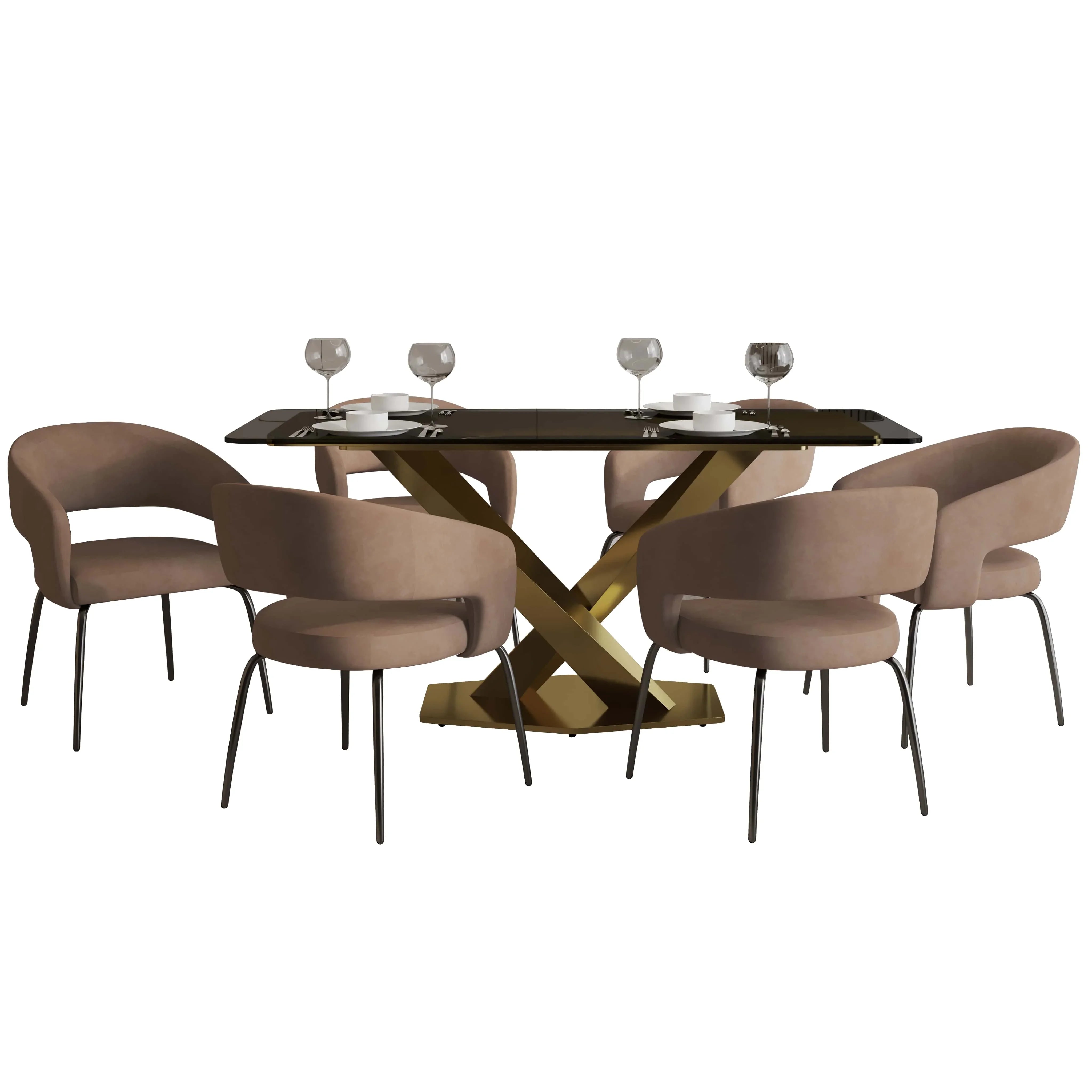 Voren 7-Piece Dining Set with Rectangular Glass Dining Table Gold Base and 6 Velvet/Leather Dining Chairs with Iron Base - Elax Furniture