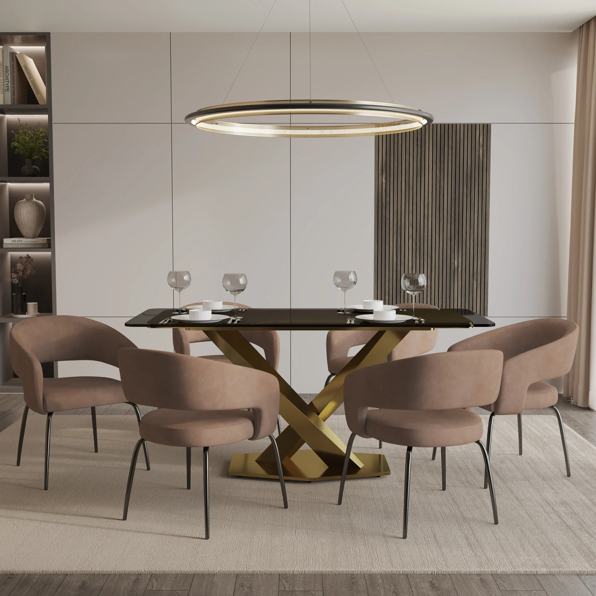 Voren 7-Piece Dining Set with Rectangular Glass Dining Table Gold Base and 6 Velvet/Leather Dining Chairs with Iron Base - Elax Furniture