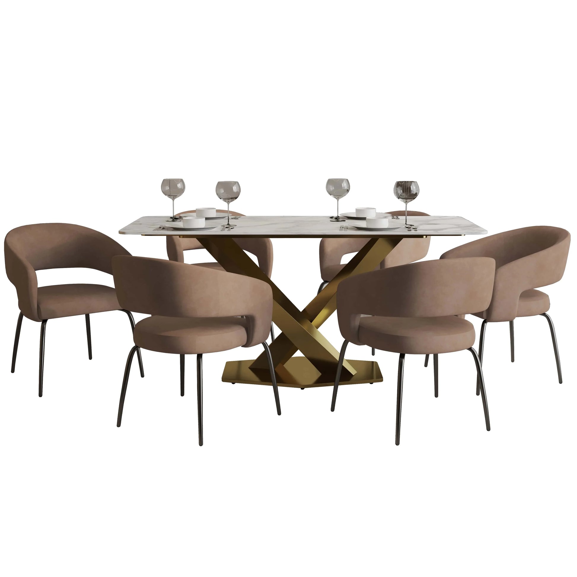 Voren 7-Piece Dining Set with Rectangular Sintered Stone Dining Table Gold Base and 6 Velvet Dining Chairs with Iron Base - Elax Furniture