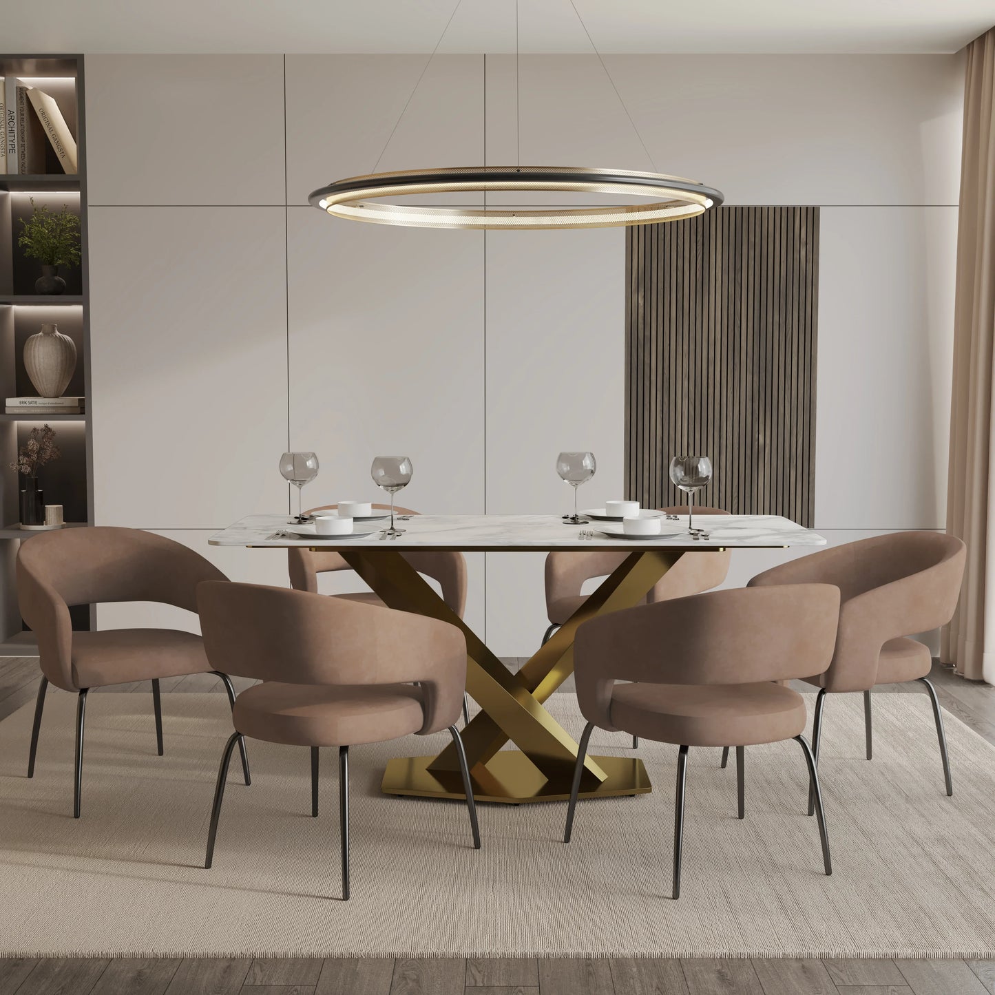 Voren 7-Piece Dining Set with Rectangular Sintered Stone Dining Table Gold Base and 6 Velvet Dining Chairs with Iron Base - Elax Furniture