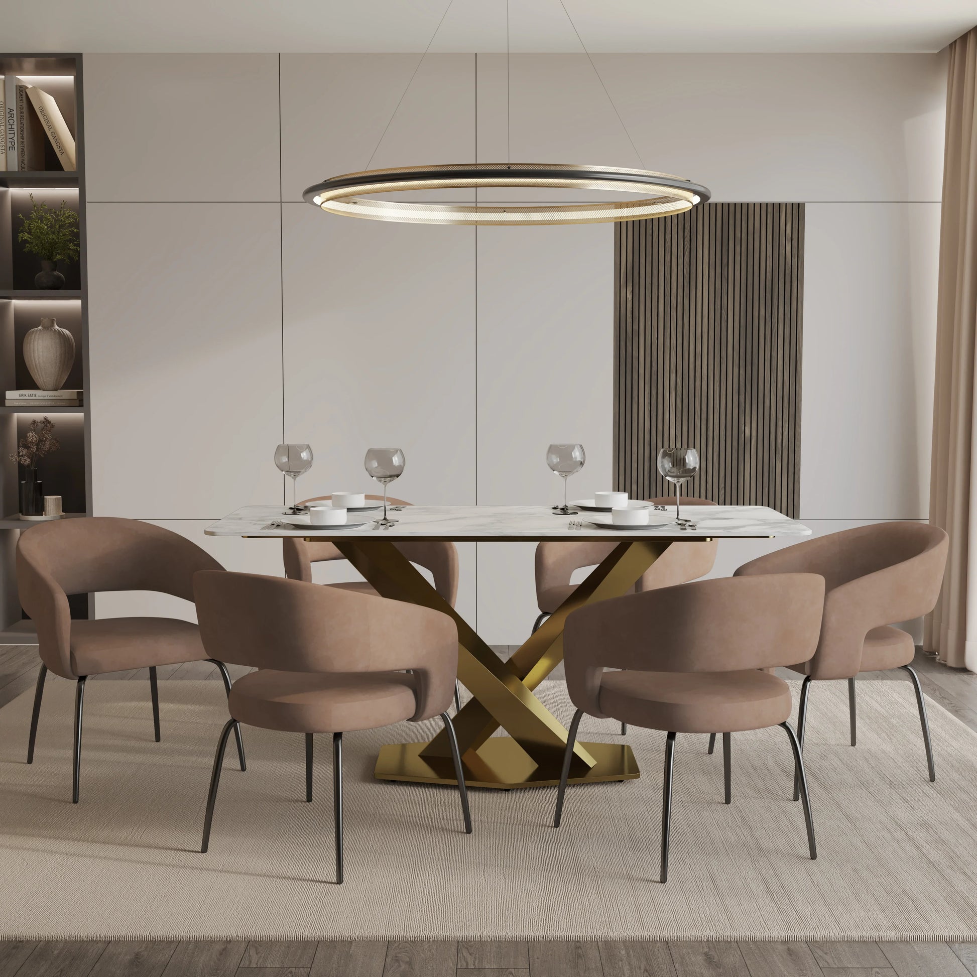 Voren 7-Piece Dining Set with Rectangular Sintered Stone Dining Table Gold Base and 6 Velvet Dining Chairs with Iron Base - Elax Furniture