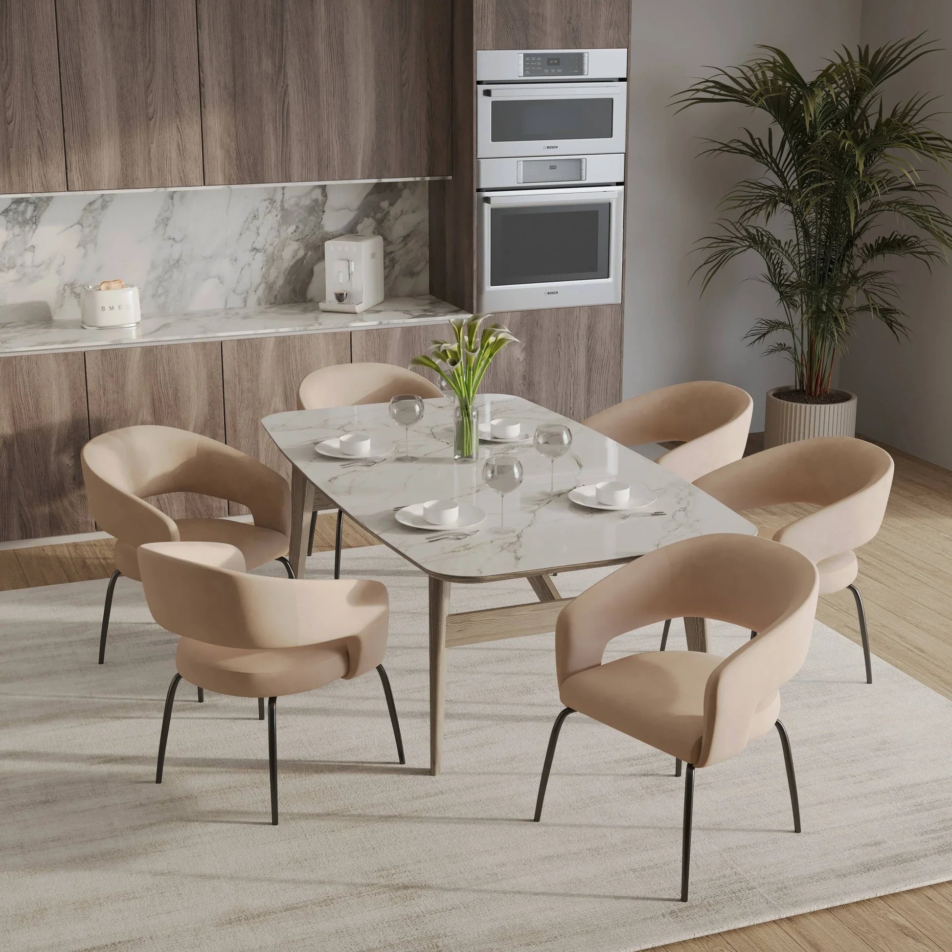 Gavin Dining Chair Upholstered in Leather/Velvet with Open Curved Backrest in Black Iron - Elax Furniture